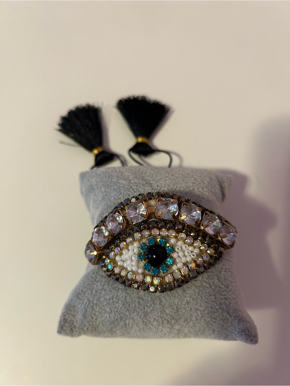 Evil Eye Beaded Bracelet with Crystal Accents - Black, White & Blue
